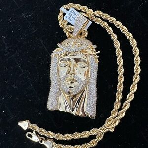 New Gold plated cz Jesus Pendant charm with new gold plated rope Necklace chain